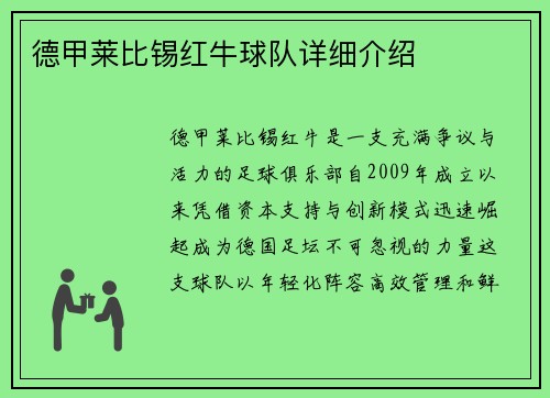 德甲莱比锡红牛球队详细介绍