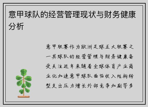 意甲球队的经营管理现状与财务健康分析