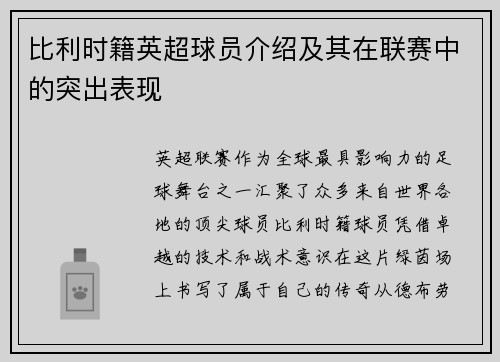 比利时籍英超球员介绍及其在联赛中的突出表现